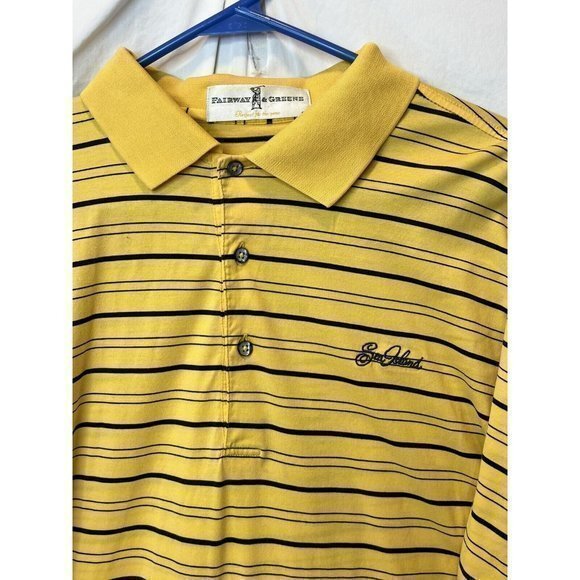 Fairway & Greene Large Yellow & Navy‎ Blue Stripe Shortsleeve Polo Sea Island - Picture 1 of 4